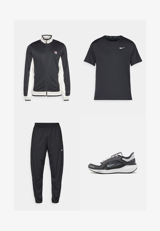 Fila JACKET BJÖRN - Training jacket - black/white alyssum; Black Nike running T-shirt made of lightweight, breathable material, featuring short sleeves and a small white logo on the chest.; Black athletic pants with an elastic waistband, tapered legs, and a small white Nike logo on the left thigh. Smooth fabric, no patterns.; Black and gray athletic shoe with a mesh upper, reflective accents, and a white midsole. Features textured rubber outsole and laces.