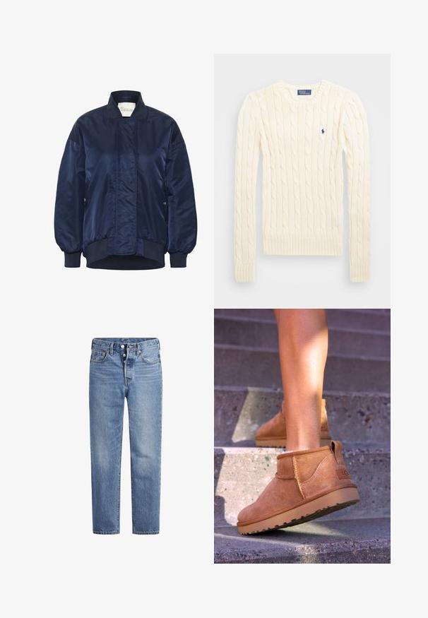 Marinblå bomberjacka, glansigt material, ribbade muddar och nederkant, knappstängning fram, sidofickor, vadderade detaljer på kroppen.; Krämfärgad kabelstickad tröja med långa ärmar, ribbade cuffs och nederkant, med en liten broderad logotyp på vänster bröst.; Ljusblå denimjeans med rak skärning, femfickorsdesign och knäppning med knapp. Har subtila blekningar och orangea sömnadsdetaljer.; Tan mockasiner med en mjuk textur, sömnadsdetaljer och en gummisula, med en öglad häl för enkel påtagning.