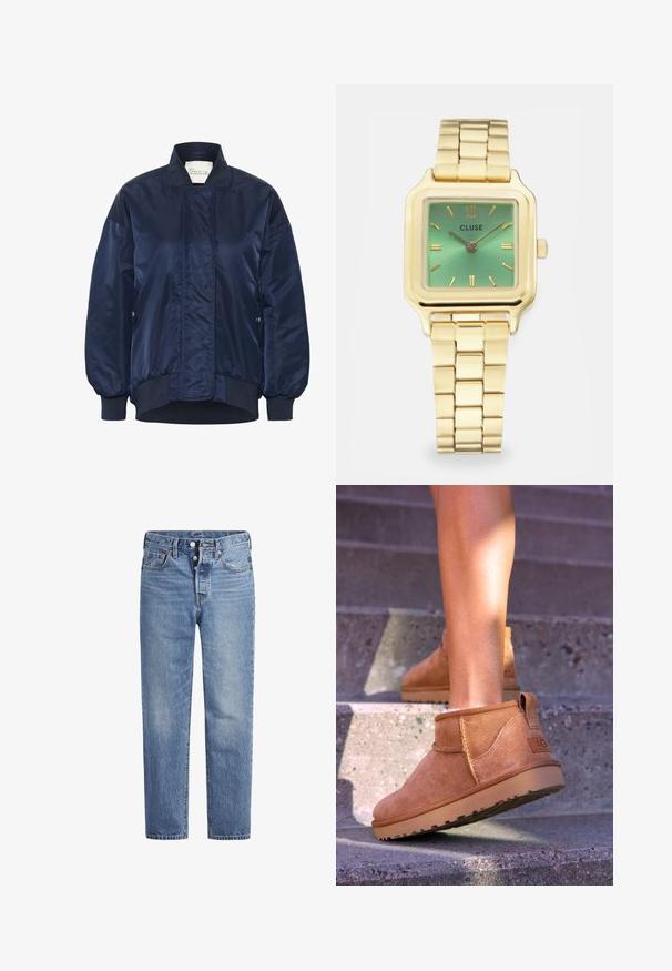 Navy bomber jacket, shiny fabric, ribbed cuffs and hem, front snap closure, side pockets, quilted detailing on body.; White long-sleeve top with a round neckline. Made of smooth fabric with a fitted shape. Tag visible at the neck. No patterns or accents.; Light blue denim jeans with a straight cut, five-pocket design, and a button fly. Features subtle fading and orange stitching accents.; Tan suede ankle boots with a soft texture, stitched detailing, and a rubber sole, featuring a looped heel for easy wear.; Gold-toned square watch with a green gradient dial, rectangular hour markers, and a linked bracelet. Brand name "CLUSE" displayed.