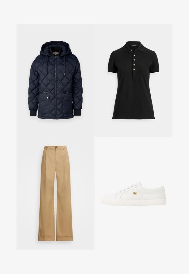 MICHAEL Michael Kors QUILTED LIGHT PADDED JACKET - Zimná bunda - admiral; Čierna polokošeľa z textúrovaného materiálu, s golierom, krátkymi rukávmi a légou so zlatými gombíkmi. Jemný detail loga na hrudi.; Béžové nohavice so širokým strihom a gombíkovým zapínaním, s hladkým povrchom a prešitou líniou. S manžetami na spodnom leme pre zvýraznenie detailu.; Lauren Ralph Lauren JANSON II CANVAS SNEAKER - Tenisky - optic white