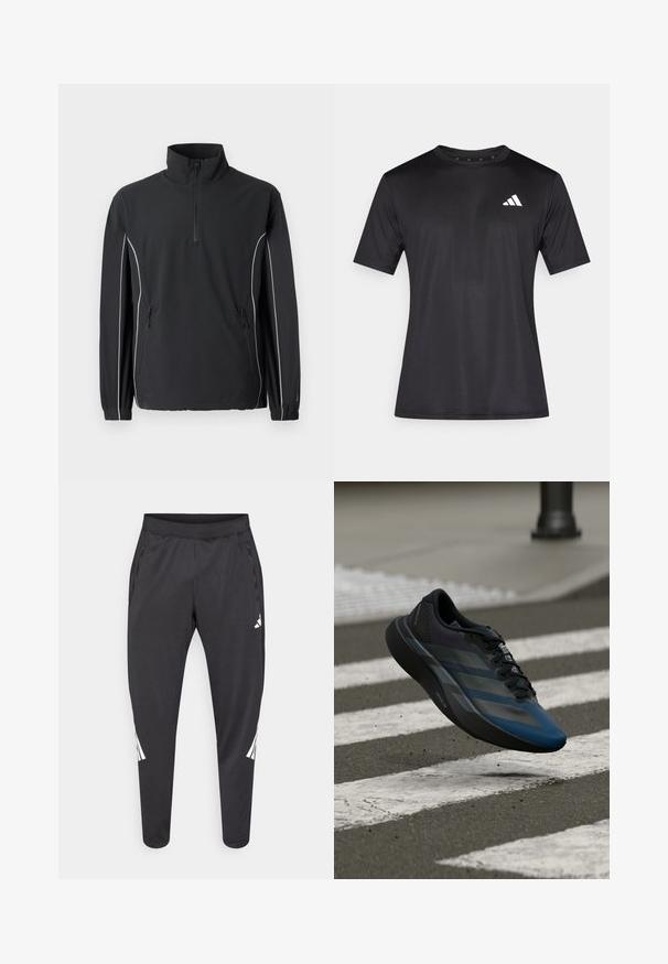 New Balance UTILITY JACKET - Suvejakk - black; Must spordisärk, mis on valmistatud kerge võrgukangast, lühikeste varrukatega ja vasakul rinnal valge logoga.; Mustad spordipüksid kitsenevate säärtega, kummipaelaga vöökohal, küljetaskutega ning valge logoga ja triipudega. Valmistatud siledast, kerge kaaluga materjalist.; Must ja sinine spordijalats voolava disainiga, millel on tekstureeritud üliskihiga, kontrastsed triibud ja pehme tallaga, hõljumas asfaldipinna kohal.