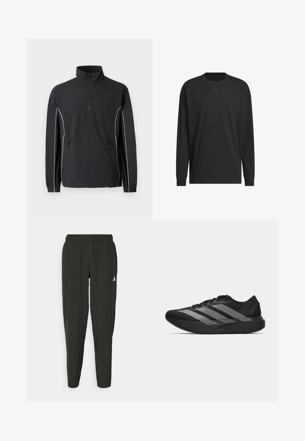 New Balance UTILITY JACKET - Skraistė - black; Juodas ilgomis rankovėmis marškinėlis, pagamintas iš minkštos medvilnės, su apvalia iškirpte, laisvu siluetu ir mažu logotipo akcentu ant krūtinės.; Juodos sportinės kelnės su elastingu liemeniu, siauro kirpimo, baltu logotipu kairėje kojoje. Lygus, lengvas audinys.; Juodos sportinės avalynės, lengvos konstrukcijos, su trimis aiškiomis pilkomis juostomis, lygiu paviršiumi ir kontūrine padu.