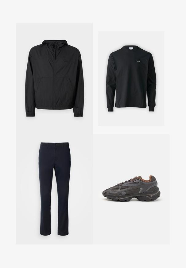 Melnā vieglā jaka ar kapuci, pilnu rāvējslēdzēju, elastīgām aprocēm un sānu kabatām. Uz krūtīm ir smalka logo. Strukturēta auduma.; Melna garām piedurknēm t-krekls, izgatavots no kokvilnas, ar apaļu kakla izgriezumu un mazu zaļu izšūtu krokodila logo kreisajā krūtī.; Tumši zilie bikses, kas izgatavotas no gluda auduma, ar taisnām kājām, jostu cilpām un pogu aizdari ar rāvējslēdzēju.; Lacoste kedas tumši pelēkā krāsā ar acu audumu un sintētisko materiālu, ar teksturētu zoli un brūniem akcentiem apkaklītē un zīmola uzrakstā.