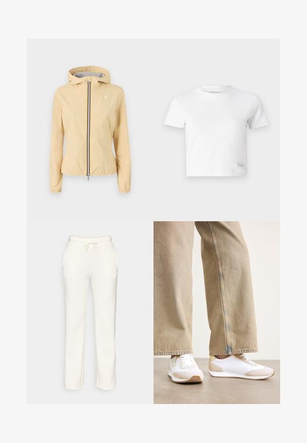 Casaco corta-vento amarelo-claro com capuz, fecho éclair frontal, punhos elásticos e um detalhe de logotipo no peito. Textura suave, design casual.; T-shirt cropped branco feito de algodão suave, com um decote alto e mangas curtas. Pequeno logótipo bordado no canto inferior.; Calças de moletão brancas com cintura elástica, cordão e bolsos laterais, exibidas contra um fundo simples.; Sapatilhas brancas com um destaque em camurça bege, fecho de atacadores plano e sola de borracha, acompanhadas de calças de ganga de corte reto em bege claro.