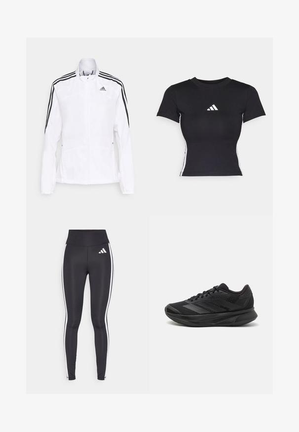 adidas Performance MARATHON - Runningjack - white; Zwart aansluitend T-shirt van een gladde stof. Heeft korte mouwen en een wit adidas-logo op de borst. Witte strepen langs de zijkanten.; Zwarte legging met hoge taille, voorzien van witte zijkanten en een klein wit logo op de linkerbovenbeen. Gemaakt van een gladde, rekbare stof.; Zwarte hardloopschoen met een ademende mesh bovenkant, ronde neus, slank ontwerp, textuuraccenten en een gevoerde zool voor comfort.