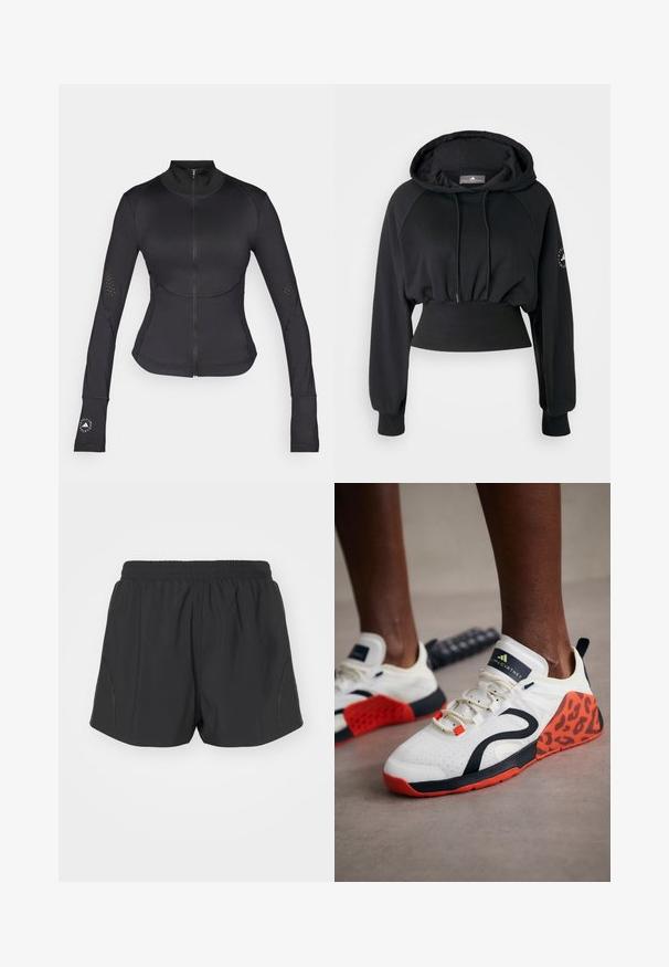 Melnā sporta jaka, kas izgatavota no stiept auduma, ar augstu apkakli, pilnu rāvējslēdzēju, garām piedurknēm ar pirkstu caurumiem un perforētiem akcentiem.; Melnā īsajā kapucē ar pievilkšanas kapuci, ribotām apakšmalām un raglāna piedurknēm. Uz kreisās piedurknes ir logo, un tai ir gluda tekstūra.; Melni skriešanas šorti ar elastīgu jostasvietu, viegls audums un teksturēts dizains ar smalkām sānu akcentiem.; Baltas sporta apavi ar melnu un oranžu leoparda raksta akcentu. Iezīmes teksturēts auduma augšdaļa, gumijas zole un šņorēšanas sistēma.