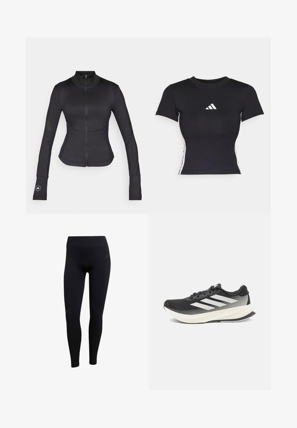 Musta urheilutakki, joka on valmistettu joustavasta kankaasta. Takissa on korkea kaulus, täysi vetoketju, pitkät hihat, joissa on sormivälikot, ja rei'itettyjä yksityiskohtia.; Musta istuva t-paita, joka on valmistettu sileästä kankaasta. Siinä on lyhyet hihat ja valkoinen adidas-logo rinnassa. Valkoiset raidat sivuilla.; Mustat urheilulegginsit, jotka on valmistettu joustavasta kankaasta. Ominaisuudet: korkea vyötärö, istuva leikkaus ja ribbikuvioidut nilkkakutistimet. Huomaamaton brändilogo.; Musta urheilujalkine, jossa on verkkokangas yläosa, valkoiset yksityiskohdat ja paksu valkoinen välipohja. Varusteena nauhat ja matala profiili.