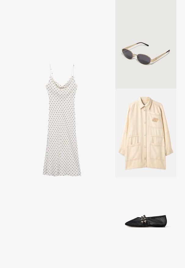 Valkoinen ylisuuri takki, joka on valmistettu puuvillasta, painonappikiinnityksellä, kahdella suurella etutaskulla ja brodeeratulla logolla rintataskussa.; Hihaton mekko pehmeästä, kevyestä kankaasta; kerma tausta mustilla pilkuilla; laskostettu kaulus ja valuva siluetti.; Musta verkkomateriaalia oleva lapikkaan, jossa on terävä kärki ja kaksi ohutta, kaksoisnuppinauhaa jalan yläpuolella, esitetty sivuprofiilissa valkoista taustaa vasten.; Kultaiset kehysaurinkolasit, joissa on soikeat tummat linssit. Kapeat varret, jotka muuttuvat purppuran värisiksi kärjiksi. Huomattava logotiedosto sivulla.; Musta nahkainen olkalaukku pyöreällä muodolla, jossa on kaksi säädettävää hihnaa ja huomaamaton logo edessä. Pintakuvioitu ulkopinta, minimalistinen muotoilu.