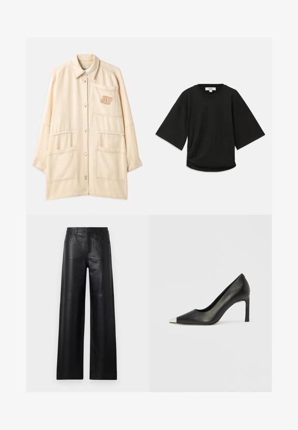 Jachetă oversized bej din bumbac, cu închidere cu nasture, două buzunare mari în față și un logo brodat pe buzunarul de la piept.; Tricou negru cu mânecă scurtă, fabricat din bumbac moale, cu un decolteu rotund și o croială lejeră, având un detaliu subtil plisat pe lateral.; Pantaloni din piele neagră cu picioare largi, având o textură netedă, cu buzunare frontale, sistem de închidere cu buton și detalii de cusătură subtile.; Pantof cu toc înalt din piele neagră, cu vârf ascuțit și un capac metalic argintiu. Are un finisaj neted și un toc subțire de 10 cm.