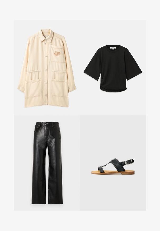Casaco bege oversized feito de algodão, com fecho de botão, duas grandes bolsos frontais e um logótipo bordado no bolso do peito.; Camiseta preta de manga curta feita de algodão macio, com decote redondo e um corte descontraído, apresentando um detalhe ligeiramente franzido na lateral.; Calças de pele pretas de perna larga com acabamento lustroso, apresentando bolsos frontais, fecho de correr e botão. Textura lisa em toda a peça.; Sandalha preta em couro com fivela ajustável, sola plana em tom de areia e duas tiras largas cruzando sobre o pé, design minimalista.