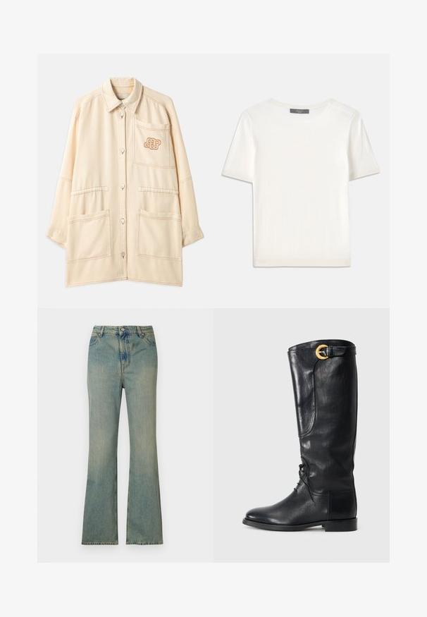 Béžová oversized bunda vyrobená z bavlny s knoflíkovým zapínáním, dvěma velkými předními kapsami a vyšitým logem na kapsičce na prsou.; Bílý pletený top s krátkým rukávem a kulatým výstřihem, s hladkou strukturou a jemnými ribovými akcenty na rukávech a lemu.; Světle modré džíny s rozšířenými nohavicemi a vysokým pasem, s pěti kapsami a zipem. Čistý, vybledlý vzhled s jemnými detaily v šití.; Černé kožené vysoké boty po kolena s kulatou špičkou, šněrováním v přední části, bočním detailem a zlatou přezkou na vrchu. Hladký povrch.