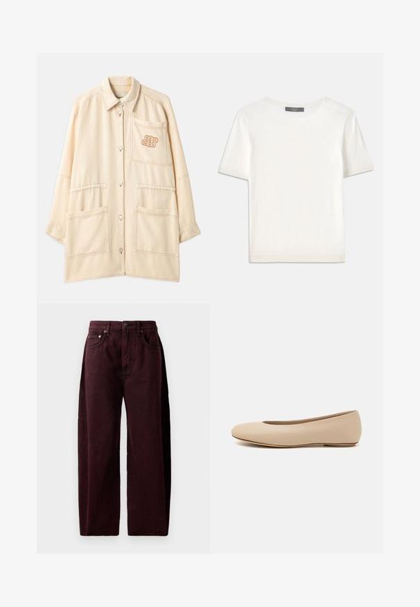 Beige oversized jacket made of cotton with a button closure, two large front pockets, and an embroidered logo on the chest pocket.; White short-sleeve knit top with a round neckline, featuring a smooth texture and subtle ribbed accents at sleeves and hem.; Burgundy wide-leg jeans in cotton denim, featuring a high waist, front pockets, and visible stitching. Classic five-pocket design.; Beige leather ballet flat with rounded toe, minimal seam detailing, low heel, and subtle logo on the back. Smooth, matte texture.