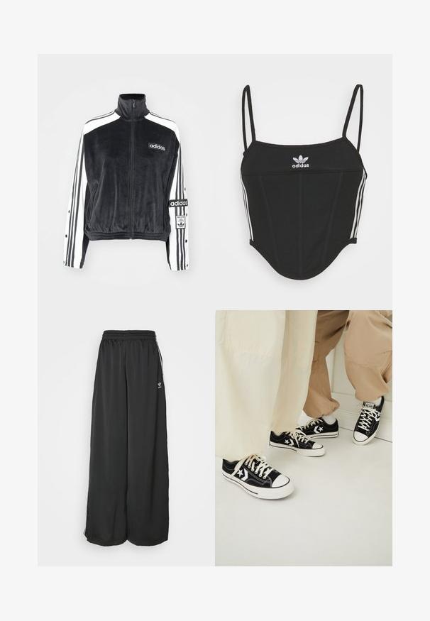adidas Originals ADIBREAK - Træningsjakke - black; Sort ribbet crop top med justerbare tynde stropper, der har tre hvide striber på siderne og et lille hvidt Adidas-logo i midten.; Sorte løstsiddende træningsbukser lavet af glat stof. Har en elastisk talje og sidelogsstriber med logoaccents.; Sorte kanvas sneakers med hvide gummisåler, prydet med hvide stjerne-detajler og sorte snørebånd, parret med lyse beige og cremefarvede bukser.