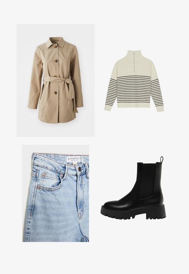 Cappotto trench beige con collo a revers, maniche lunghe, tre grandi bottoni, tasche laterali e cintura in tessuto in vita.; Pullover color crema con colletto alto, texture a coste verticali e strisce nere orizzontali sul corpo e sulle maniche. Dettaglio della cerniera argentata.; Jeans in denim azzurro chiaro con vita alta, cinque tasche, accessori in tonalità rame e leggera scoloritura, con etichetta sulla vita.; Stivale alla caviglia in pelle nera con pannello laterale testurizzato, punta tonda e suola platform spessa con motivo a zigzag.