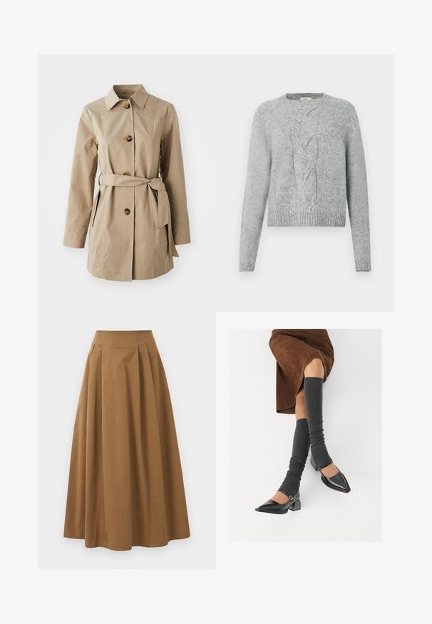 Beige trenchcoat med krage, långa ärmar, tre stora knappar, sidfickor och ett tygbälte vid midjan.; Ljust grå stickad tröja med långa ärmar, rundad halsringning och centralt kabelstickat mönster framtill.; Brun bomull A-linje kjol med hög midja, med veck ned längs framsidan och en mjuk textur. Sömmen är ren och enkel.; Svarta lackläderskor med spetsig tå, blockklack och ankelrem, i kombination med grå ribbade benvärmare och en brun mockakjol.