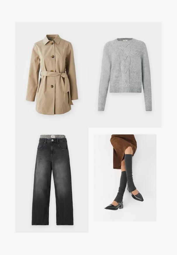 Trench coat bege com gola, mangas longas, três botões grandes, bolsos laterais e um cinto de tecido na cintura.; Sweater de malha cinza claro com mangas longas, gola redonda e padrão de malha em trançado central na frente.; Jeans de ganga largos pretos com uma cintura em padrão pied-de-poule. Inclui bolsos frontais e fecho de botão. Textura desgastada.; Sapatos pretos de pele lacada com biqueira pontuda, salto bloco e tiras no tornozelo, combinados com caneleiras cinzas em malha e uma saia de camurça castanha.