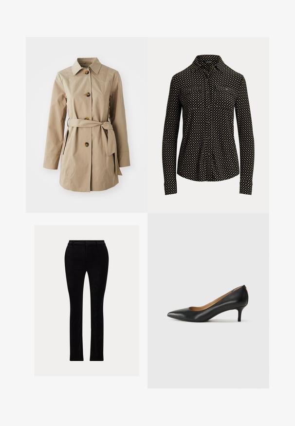 Beež trench coat, millel on kraega kaelus, pikad varrukad, kolm suurt nööpi, küljetaskud ja kangast vöö talje juures.; Must mustaga, millel on valged ruudud, pika varrukaga, krae ja kaks eesmist taskut, valmistatud pehmest kangast.; Mustad tumedast, sametise tekstuuriga kangast. Hästi istuv lõige, sirge jalg, traditsioonilise vöökoha ja vöökummardustega.; Must musta musta, millel on terav nina, madal konts ja sile tekstuur. Omab pisut avatud osa ees ja minimaalset riistvara taga.