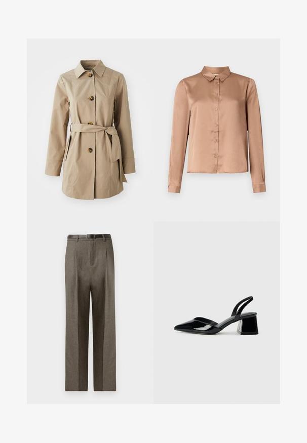 Beige trenchcoat med krage, långa ärmar, tre stora knappar, sidfickor och ett tygbälte vid midjan.; Långärmad blus i ljusbrun satin, med krage, knäppning fram och skräddarsydd passform med rak nederkant.; Bruna skräddarsydda byxor med rak skärning, som har en mjuk yta, bälteslänkar och en platt frontdesign.; Svarta lackläder slingback klackar med spetsig tå och geometrisk klack. Har en elegant, minimalistisk design och slät yta.