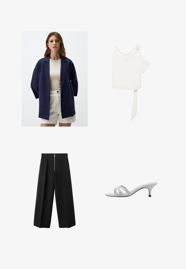 Granatowa lniana oversize'owa marynarka z kołnierzem szalowym, otwartym przodem i rękawami do trzech kwartałów, zestawiona z beżową bluzką i białymi szortami.; Biała bluzka z asymetrycznym krojem na jedno ramię, z kwiatowym akcentem po jednej stronie i długim, związanym panele przy talii. Gładka faktura.; Czarne spodnie o szerokich nogawkach z fałdami z przodu i widocznym srebrnym zamkiem błyskawicznym w talii, płaski przód i boczne kieszenie.; Jasnoszare sandały na obcasie z trzema krzyżującymi się paskami, o smukłym profilu i zwężanym obcasie. Gładka faktura z lekko błyszczącym wykończeniem.