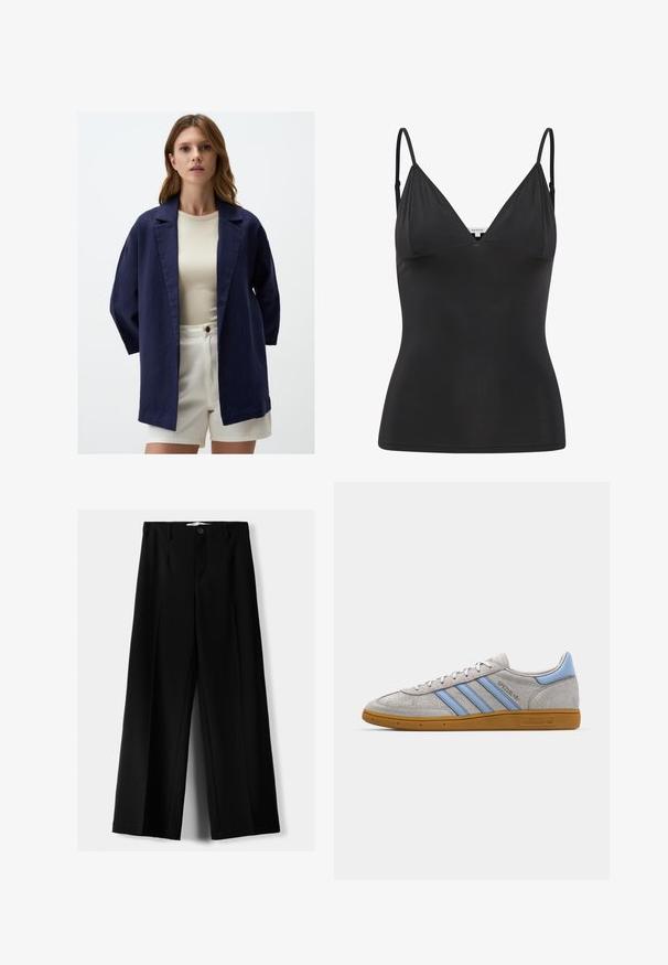 Marineblauwe linnen oversized blazer met een sjaalkraag, open voorkant en driekwartmouwen, gecombineerd met een beige top en witte shorts.; Zwarte, getailleerde camisole met verstelbare dunne spaghettibandjes, V-hals, naadloos ontwerp en een zachte textuur. Gemaakt van een zachte, rekbare stof.; Zwarte wijde broek van lichtgewicht stof, met een knoopsluiting aan de voorkant en een vlakke achterkant, afgewerkt met keurig gestikte zoom.; Grijze suède sneaker met lichtblauwe strepen, rubberen gumzool en logo-accenten. Laag model met ronde neus en vetersluiting.