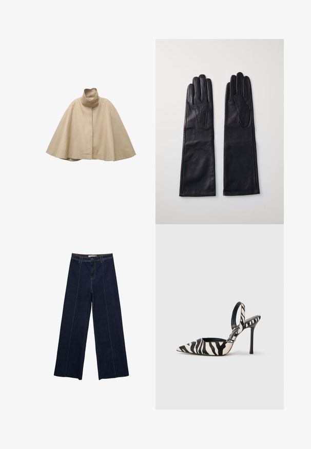 Bežový kabát v štýle plášťa, vyrobený z hladkej tkaniny, s vysokým golierom a rovnými prednými stranami, širokými rukávmi a splývavým strihom.; Biely sveter s dlhým rukávom a okrúhlym výstrihom, s rebrovanými manžetami a lemom, s mäkkou, mierne chlpatou textúrou.; Široké nohavice z tmavého denim materiálu s kontrastným prešívaním, vysokým pásom a rovnym strihom. Obsahujú predné vrecká a klasické zapínanie na gombík.; Lodičky s špičatou špičkou a otvorenou pätou v čierno-krémovom zebrovom vzore, s tenkým vysokým podpätkom a čiernym interiérom.; Anna Field LEATHER - Rukavice - black