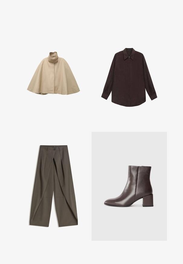 Beige kappe-stil frakke lavet af glat stof, med høj krave og lige frontdesign, brede ærmer og en flydende silhuet.; Langærmet skjorte i mørkebrun stof med spidse kraver, frontlukning med knapper og lige kant. Glat tekstur og afslappet pasform.; Vide bukser lavet af et struktureret, mørkegråt stof. Har en frontfald, knaplukning og sidelommer for praktisk anvendelse.; Brun læder ankelstøvle med et slankt design, spidse tå og firkantet blokhæl. Glat tekstur og minimalistisk silhuet.