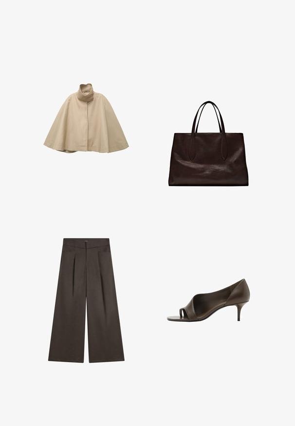 Beige Umhangmantel aus glattem Stoff mit hohem Kragen und geradem Frontdesign, breiten Ärmeln und fließender Silhouette.; Dunkelbraunes T-Shirt mit kurzen Ärmeln aus Baumwolle. Verfügt über einen runden Halsausschnitt und eine lockere Passform, ohne sichtbare Muster oder Akzente.; Weite Hosen aus dunkelbraunem Stoff, mit flachem Vorderteil, zwei seitlichen Taschen und einer glatten Textur sowie einer taillierten Silhouette.; Braunes Leder-Peeptoe-High-Heel-Schuh mit glatter Textur und schlankem Stiletto-Absatz. Verfügt über ein Ausschnittdesign und eine minimalistische Form.; Massimo Dutti Handtasche - brown