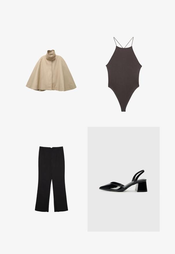 Bež plašč v stilu plašča, izdelan iz gladkega materiala, s visokim ovratnikom in ravnim sprednjim dizajnom, širokimi rokavi ter tekočo silhueto.; Rjav, enodelni kopalke z visokim ovratnikom in tankimi nastavljivimi naramnicami; ima visok rez na nogah in gladko teksturo. Brez vzorcev ali okrasnih elementov.; Črne hlače ravnega kroja z naglavnimi žepi in stranskimi razporki na robu. Narejene iz mehke, gladke tkanine. Primerne za različne priložnosti.; Črne lakirane slingback pete s koničastim nosom in geometrijsko blokasto peto. Imajo eleganten, minimalističen dizajn in gladko teksturo.