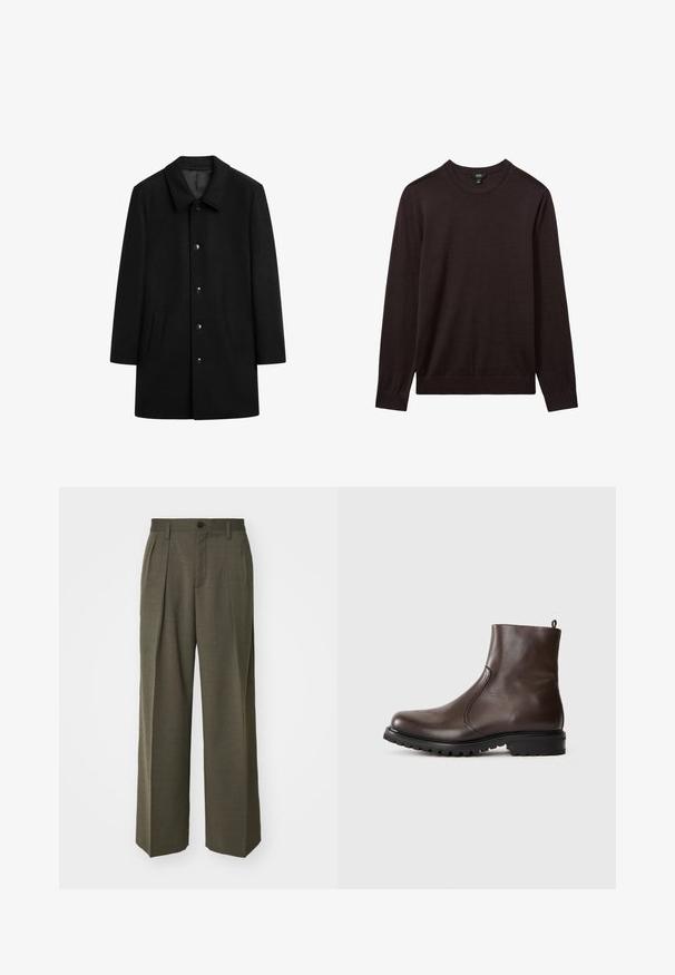 Schwarzer Wollmantel mit Kragen, vorderem Knopfverschluss, zwei seitlichen Taschen und gerader Silhouette. Glatte Textur ohne sichtbare Muster.; Reiss Strickpullover - dark bordeaux; Filippa K WIDE TROUSERS - Stoffhose - driftwood; Braune Leder-Stiefeletten mit glatter Textur, elastischen seitlichen Einsätzen, einer Schlaufe hinten und einer robusten Gummisohle.