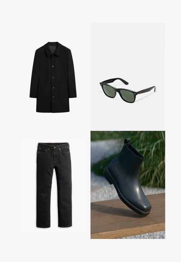 Cappotto di lana nera con colletto, chiusura frontale con bottoni, due tasche laterali e silhouette dritta. Tessuto liscio senza motivi visibili.; Maglione nero a maniche lunghe con colletto alto e una corta cerniera argentata al centro davanti.; Jeans in denim nero a gamba dritta con cinque tasche, passanti per cintura e chiusura a bottone in vita, disposti su uno sfondo bianco.; Stivale alla caviglia in pelle nera con superficie liscia, lati elasticizzati e un anello per il tiraggio, poggiato su una superficie di legno contro uno sfondo sfocato.; Occhiali da sole in plastica nera con lenti verdi, montatura quadrata, dettaglio argento sulla parte superiore e steli con texture. Marchio indicato sulla parte interna dello stelo.