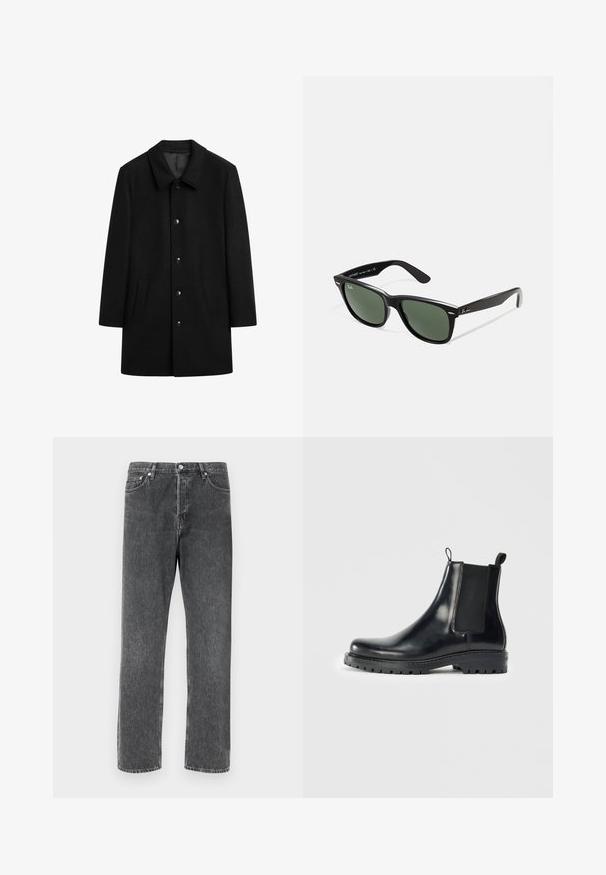 Cappotto di lana nera con colletto, chiusura frontale con bottoni, due tasche laterali e silhouette dritta. Tessuto liscio senza motivi visibili.; T-shirt bianco in cotone con maniche corte, scollatura tonda e linea dritta. Texture liscia senza motivi o dettagli visibili.; Jeans in denim grigio con vestibilità dritta, dotati di cinque tasche, chiusura con bottone davanti e cuciture a contrasto lungo le cuciture.; Stivali Chelsea in pelle nera con pannelli elastici laterali, una linguetta per una facile indossatura e una suola in gomma resistente con una presa texturizzata.; Occhiali da sole in plastica nera con lenti verdi, montatura quadrata, dettaglio argento sulla parte superiore e steli con texture. Marchio indicato sulla parte interna dello stelo.