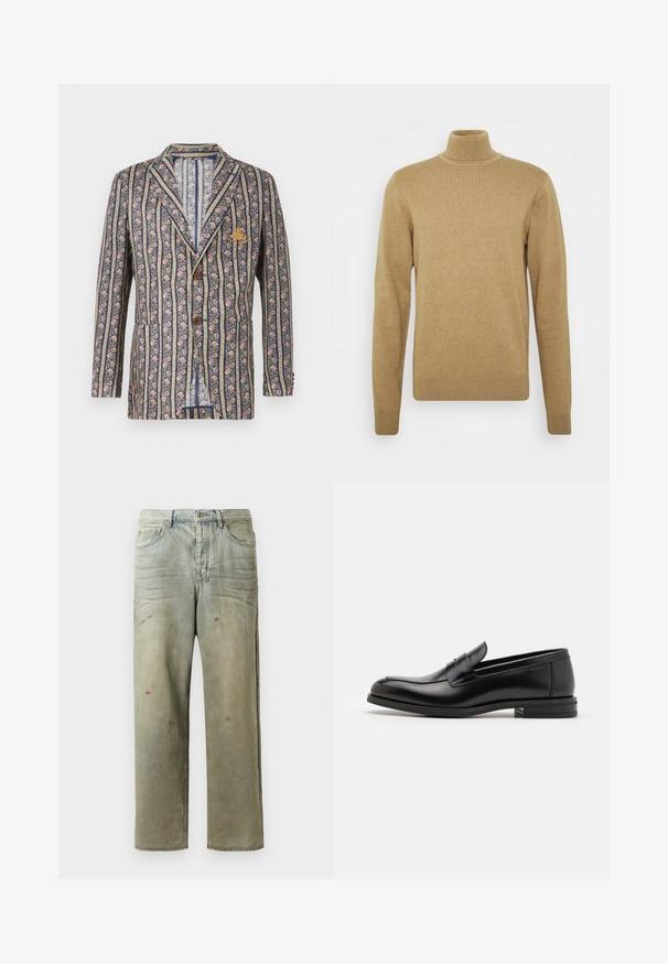 Blazer s květinovým vzorem v námořnické a smetanové barvy, se šikmým klopovým límcem, dvěma knoflíky a náprsní kapsou se znakem.; Beige rolák vyrobený z měkké pleteniny. Má dlouhé rukávy a přiléhavý střih. Hlavními prvky jsou vroubkovaný lem a límec.; Odstřižené džíny v světle zelené barvě, se rovnými nohavicemi, pěti kapsami a nerovnoměrným vyblednutím s barevnými skvrnami.; Černé kožené polobotky s hladkou texturou, zaoblenou špičkou a zdobným páskem přes nárt. Nízký stohovaný podpatek, minimalistický design.