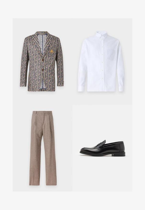 Ziedu raksta blezeris ar jūras zilām un krēmkrāsas svītrām, ar ieliektu apkakli, diviem pogām un krūšu kabatu ar emblēmas detaļu.; Balts garo piedurknēm krekliņš ar pogām, izgatavots no kokvilnas, ar krūšu kabatu ar tonālu izšuvumu, apkakli un pogām pie piedurknēm.; Brūni, augstos šortos izgatavoti no teksturēta auduma. Iezīmē plašas kājas un divas priekšējās krokas, kas nodrošina struktūru. Kārtīga apdare bez redzamām detaļām.; Melnas ādas kurpes ar gludu tekstūru, noapaļu purngalu un dekoratīvu siksniņu pāri priekšpusei. Zems sakrauts papēdis, minimālisma dizains.