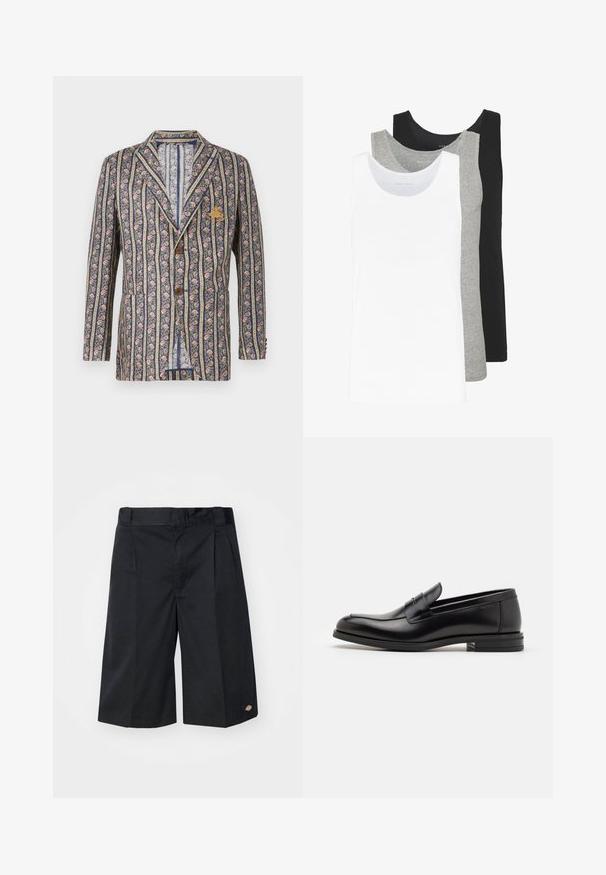 Floral-patterned blazer with navy and cream stripes, featuring a notch lapel, two buttons, and a chest pocket with emblem detail.; Three tank tops in white, gray, and black. Each features a classic sleeveless design, made from lightweight cotton fabric with a ribbed texture.; Black shorts with a tailored design, featuring flat front pleats, a standard waistband, and side pockets. Made of sturdy fabric.; Black leather loafers with a smooth texture, rounded toe, and a decorative strap across the vamp. Low stacked heel, minimalist design.