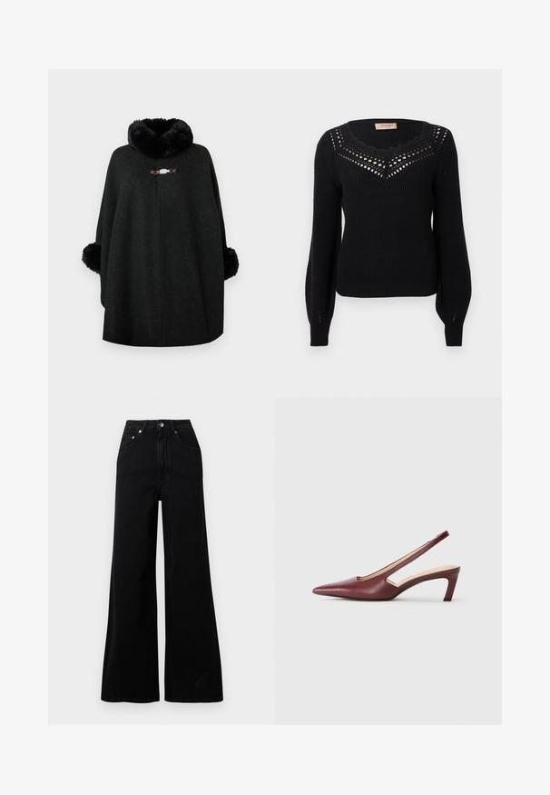 Poncho negro hecho de una mezcla de lana, con un cuello esponjoso y puños mullidos. Presenta un broche decorativo en el frente y un diseño sin costuras.; Suéter negro con textura acanalada, escote con bordes festoneados y detalle calado en el pecho. Mangas largas y cintura ajustada.; Vaqueros negros de pierna ancha hechos de mezclilla, con cintura alta, cinco bolsillos, cierre frontal con botones y detalles de costura mínimos.; Zapatos de tacón burgundy con parte trasera descubierta, punta afilada, detalles recortados en los laterales y tacón en bloque de altura media. Acabado en piel suave.