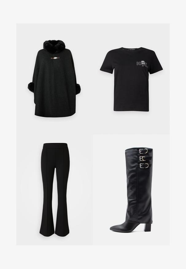 Poncho nero realizzato in tessuto misto lana con colletto soffice e polsini pelosi. Presenta una chiusura decorativa sul davanti e un design senza cuciture.; T-shirt nera a maniche corte in cotone. Presenta una grafica bianca con il testo "KARL" e una figura stilizzata sul petto. Collo rotondo.; Pantaloni neri a zampa d'elefante realizzati in un materiale elastico con una texture liscia, caratterizzati da dettagli delle cuciture lungo la parte anteriore per un tocco di design in più.; Stivali neri al ginocchio in morbidissimo ecopelle con punta affusolata, caratterizzati da tre fibbie argentate sul lato e un tacco spesso.
