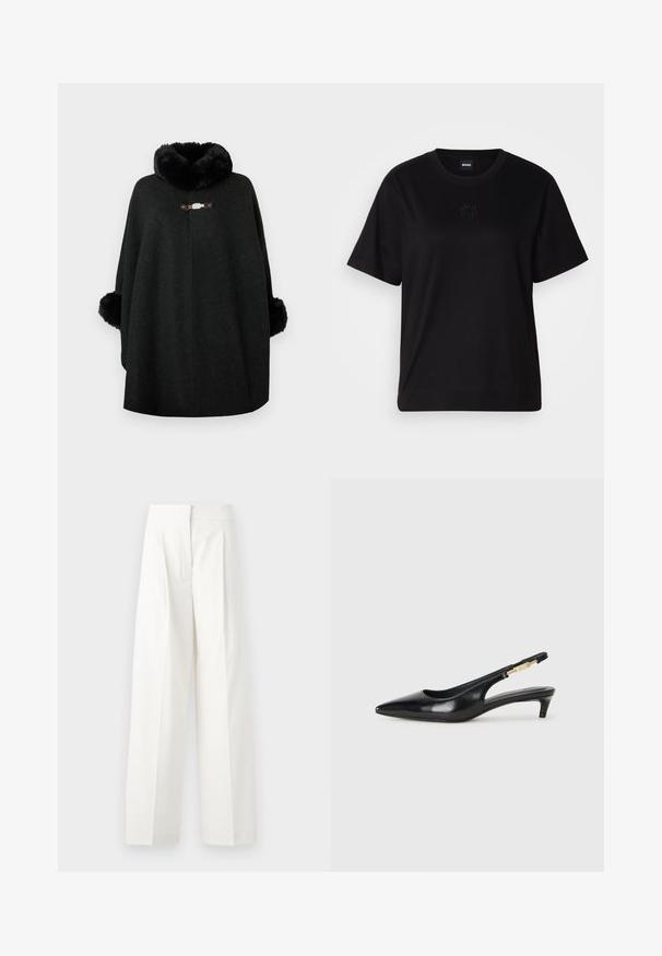 Mustast villasegust riidest poncho, millel on koheline krae ja sulekujulised mansetid. Esiküljel on dekoratiivne klamber ja sujuv disain.; Mustmust särk, millel on ümar kaelus, lühikesed varrukad ja tindiga tikitud logo rinnal. Lihtne, mugav lõige ilma mustriteta.; Valged laiad püksid kõrge vöökohtadega, millel on ees pleatid ja sile tekstuur, valmistatud kergest kangast.; Mustad nahast slingback kontsad terava ninaga, millel on õhuke konts ja kuldse tooni aktsent reguleeritaval rihmal. Sile tekstuur.