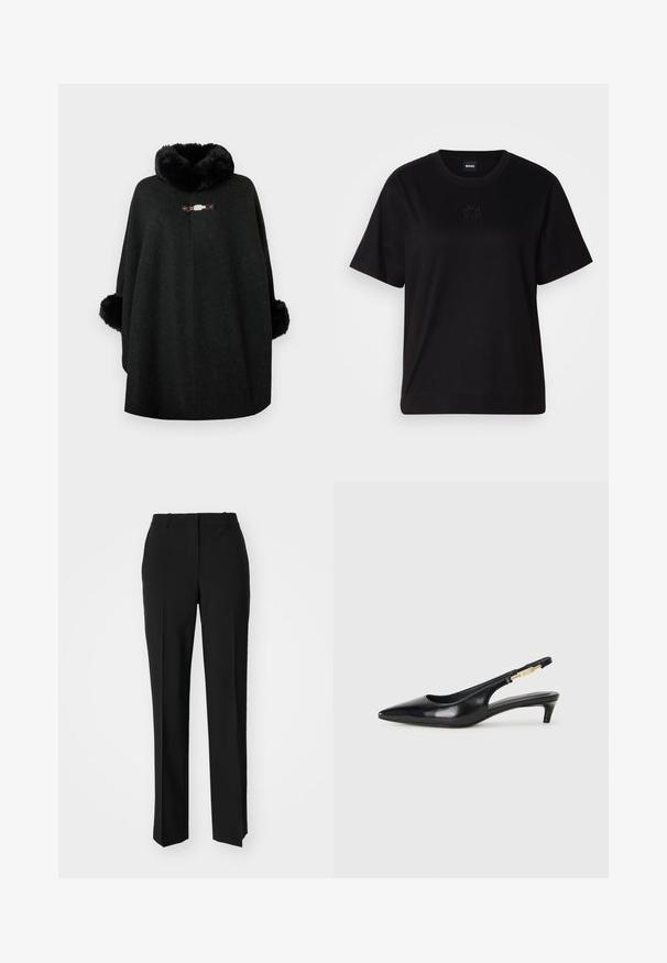 Čierny pončo vyrobené z vlnenej zmesi s chlpatým golierom a huňatými manžetami. Obsahuje dekoratívny sponu vpredu a bezšvový dizajn.; Čierne bavlnené tričko s okrúhlym výstrihom, krátkymi rukávmi a vyšívaným logom na hrudi. Jednoduchý, voľný strih bez vzorov.; Čierne krajčírské nohavice so strihom rovného nohu, s hladkou textúrou a ostrými skladmi pozdĺž prednej časti. Žiadne viditeľné hardvér.; Čierne kožené slingback opätky s špicatou špičkou, s úzkym opätkom a zlatým detailom na nastaviteľnom remienku. Hladká textúra.
