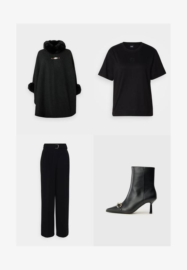 Poncho negru dintr-un amestec de lână, cu un guler pufos și manșete pufoase. Prezintă o agrafă decorativă în față și un design fără cusături.; T-shirt negru din bumbac, cu guler rotund, mâneci scurte și un logo brodat pe piept. Design simplu, cu o croială relaxată și fără modele.; Pantaloni negri, ajustați, cu o siluetă largă, având un brâu cu o cataramă argintie, pliuri și o textură de țesătură netedă.; Botine negre din piele, cu vârf ascuțit, toc subțire de înălțime medie și detaliu cu cataramă argintie pe lateral, pe un fundal simplu.