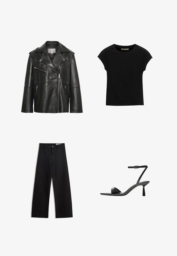 Črna usnjena motoristična jakna z zareznim ovratnikom, asimetričnim sprednjim zadrgo, žepoma z zadrgo in diskretnimi podrobnostmi šivanja.; Črna kratka majica s kratkimi rokavi in okroglim izrezom. Iz gladke, raztegljive bombažne tkanine. Preprost dizajn brez vzorcev ali grafike.; Črne široke denim hlače z visokim pasom, ki imajo sprednje in zadnje žepe, šivane šive ter gumbasto zapiranje. Gladka tekstura.; Bershka Sandali z visoko peto - black