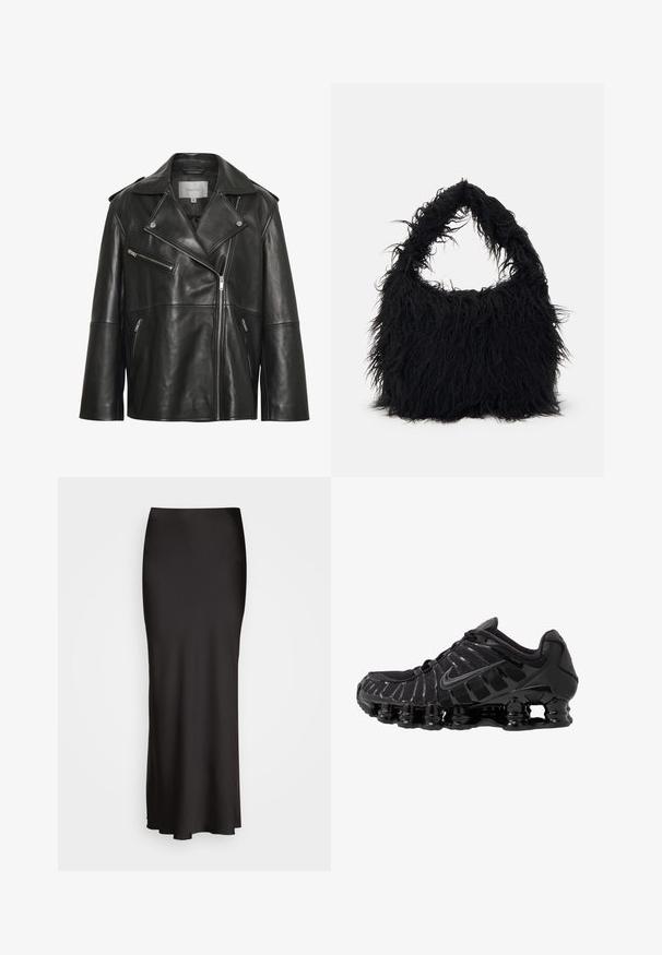 Jachetă de motociclist din piele neagră, cu guler ascuțit, fermoar frontal asimetric, buzunare cu fermoar și detalii de cusătură discrete.; Bluză neagră cu mâneci lungi, confecționată dintr-un material neted, având un decolteu tip barcă, croială scurtă și un detaliu lateral cu capse argintii.; Fustă lungă, din satin negru, cu o textură netedă, talie ajustată și siluetă în A, fără broderii sau modele vizibile.; Pantofii sport negri cu partea superioară din plasă și suprapuneri lucioase. Caracteristici de amortizare cu bobine curbate și linii texturate pe lateral. Logo-ul Nike este vizibil.; Even&Odd Geantă de pânză - black
