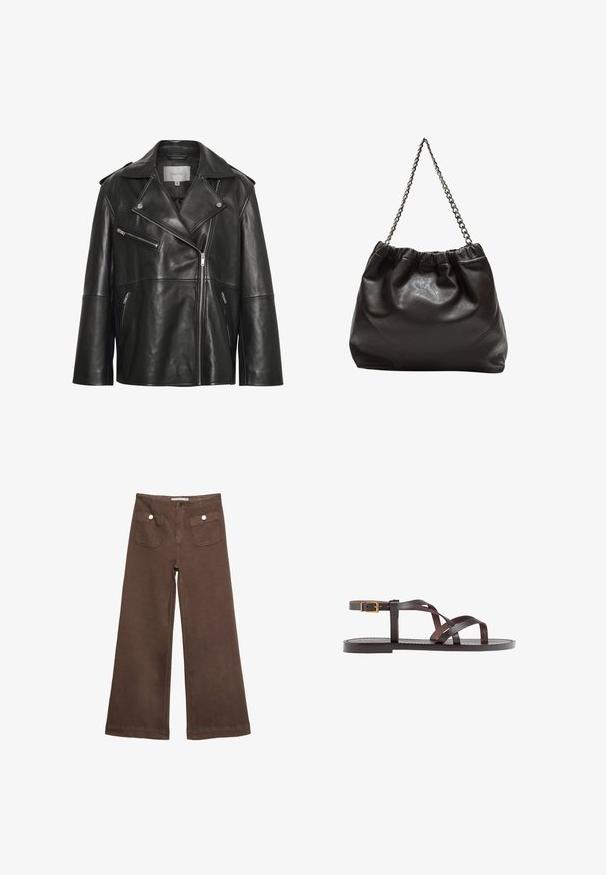 Giacca da biker in pelle nera con colletto a punta, zip frontale asimmetrica, tasche con zip e dettagli di cucitura discreti.; Maglietta a maniche corte marrone realizzata in tessuto morbido, con scollatura rotonda e vestibilità rilassata. Nessun motivo o dettaglio visibile.; Pantaloni larghi marroni in cotone, con due tasche frontali decorate da bottoni argentati e una texture liscia.; Sandal in pelle marrone con cinturini incrociati, chiusura con cinturino alla caviglia e suola piatta con dettagli di cucitura minimi.; Borsa in pelle marrone con parte superiore arricciata e tracolla a catena. Texture liscia con finitura lucida e dettagli di cucitura sottili sui lati.