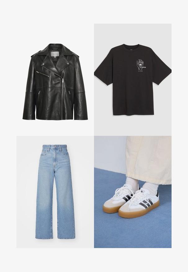 Must musta bikeri جakk musta nurksega, asümmeetriline esiföör, lukuga taskud ja tagasihoidlikud õmblusdetailid.; Must mustaga T-särk lühikeste käistega, millel on käe graafika ja valge tekst "Levi's LA LUNE" vasakul rinna piirkonnas.; Heledad sinine kõrge vöökohaga laiad teksad, ees nupp ja tõmblukk, ees ja taga taskud, valge tausta peal.; Valged tossud mustade triipudega ja beeži nahaga aktsentidega. Omavad tekstuuriga kummist talla ja lamedaid valgeid paelu, kantud heledate sokkidega.