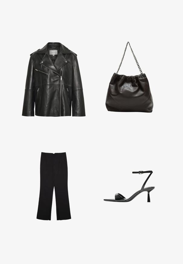 Giacca da biker in pelle nera con colletto a punta, zip frontale asimmetrica, tasche con zip e dettagli di cucitura discreti.; Canotta nera in cotone, caratterizzata da un colletto rotondo e ampi giromanica. Texture liscia con orli cuciti. Design classico e minimalista.; Pantaloni neri a gamba dritta, con tasche frontali e spacchi laterali all'orlo. Realizzati in tessuto morbido e liscio. Adatti a diverse occasioni.; Bershka Sandali con tacco - black; Borsa in pelle marrone con parte superiore arricciata e tracolla a catena. Texture liscia con finitura lucida e dettagli di cucitura sottili sui lati.