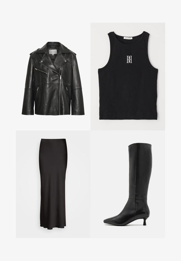 Crna kožna motociklistička jakna s rebrastim ovratnikom, asimetričnim prednjim zatvaračem, džepovima sa zatvaračem i suptilnim detaljima šavova.; Crna rebrasta majica bez rukava s okruglim izrezom i izvezenim logotipom u bijeloj boji. Tkanina ima glatku teksturu i prilagođen je kroj.; Crna satenska suknja do poda s glatkom teksturom, strukom koja se dobro prilagođava, i A-linijom, bez vidljivih ukrasa ili uzoraka.; Zign Čizme - black