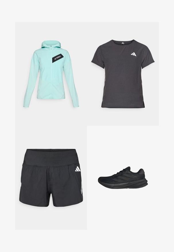 adidas Terrex Outdoorová bunda - semi flash aqua; Kraťasový sportovní tričko, tmavě šedé barvy s perforovanou texturou. Obsahuje bílé logo a kontrastní boční pruhy. Kulatý výstřih.; Černé sportovní šortky s širokým elastickým pasem, lehkou tkaninou a bílými logy na dolní straně.; Černé sportovní boty s síťovaným svrškem, aerodynamickým tvarem, plochou podrážkou a třemi šikmými pruhy na boku. Lehký design pro pohodlí.