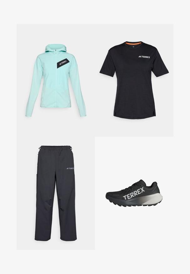 adidas Terrex Outdoorjakke - semi flash aqua; Svart T-skjorte med kort erme og rund hals, med en subtil melert tekstur og hvit "TERREX" logo på øverste venstre side.; Sorte, lette utendørsbukser med elastisk midjebånd, sidelommer og en logo på øvre høyre bein. Glatt, vannavvisende stoff.; Svart løpesko med teksturert overdel, fremtredende "TERREX"-logo i hvitt, avsmalnet såledesign og en gradient grå aksent på hælen.