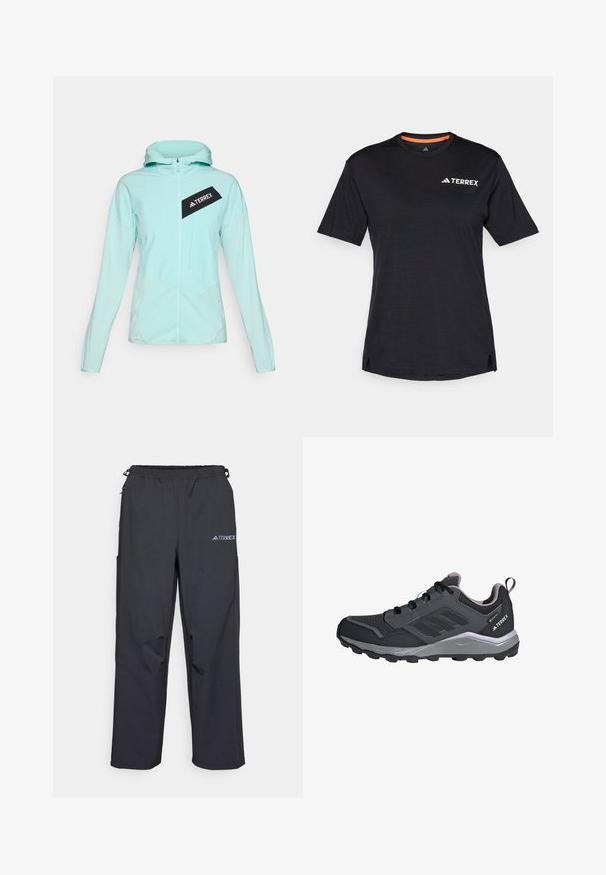 adidas Terrex Āra jaka - semi flash aqua; Melns īsām piedurknēm T-krekls ar apaļu dekoltē, ar smalku heather tekstūru un baltu "TERREX" logo augšējā kreisajā pusē.; Melnas, vieglas āra bikses ar elasticu jostu, sānu kabatām un logo augšējā labajā kājā. Gluda, ūdensizturīga auduma.; Melni sporta apavi ar pelēkiem akcentiem, sintētiska sieta augšdaļa, mīkstināta zole, auklu sistēma un fakturēta zole saķerei.