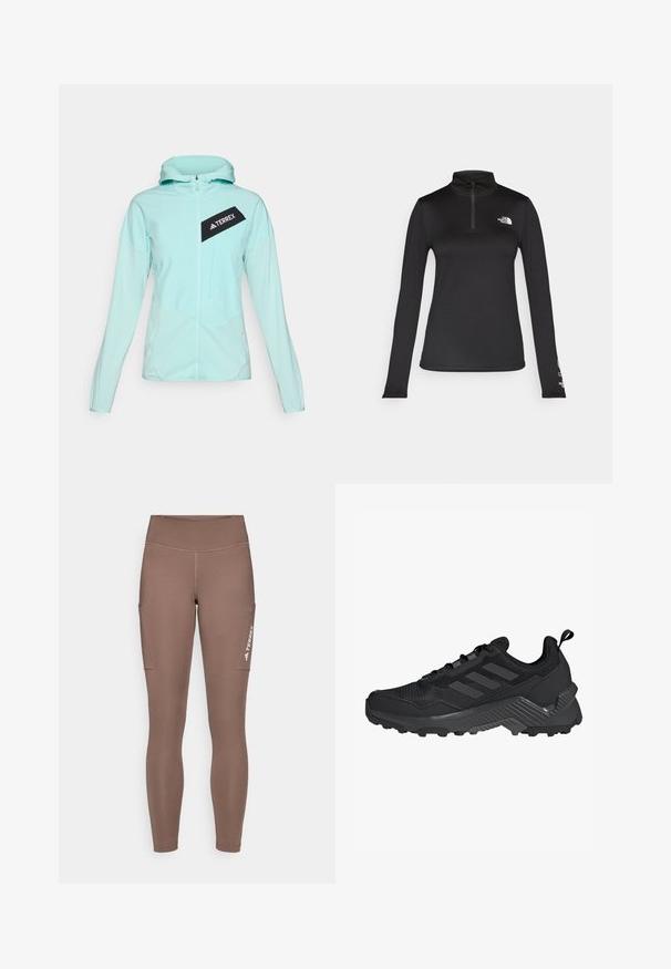 adidas Terrex Lauko striukė - semi flash aqua; The North Face FLEX 1/4 ZIP GRAPHIC - Ilgarankovis viršutinės dalies drabužis - black; Rudos sportiniai legginsai su aukštu juosmeniu, šoninėmis kišenėmis ir baltu logotipu. Lygi, elastinga medžiaga užtikrina komfortą ir judrumą.; Juodas sportinis batas su tinklinėmis viršutinėmis dalimis, trimis juostelėmis, formuota kulno dalimi ir tvirtu padu su ryškiomis sukibimo gyslomis.