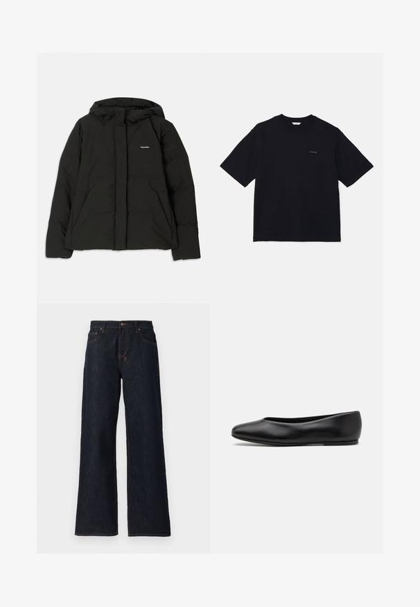 Black puffer jacket with a hood, front zipper, two large front pockets, and a small logo on the chest. Made from a smooth, insulated material.; Black short-sleeve t-shirt made of cotton, featuring a crew neckline and a small logo on the left chest. Smooth texture and relaxed fit.; Dark blue wide-leg jeans made of denim, featuring orange stitching, two front pockets, and a button closure at the waistband.; Paul Smith TOPANGA - Ballet pumps - black